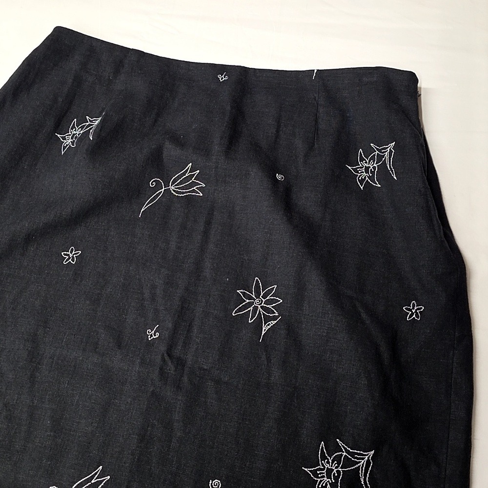 David Brooks Pencil Skirt sz 14 Black Linen Blend Floral Embroidered Knee Length